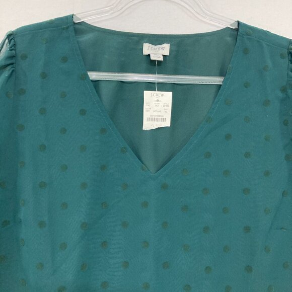 New J. Crew size XL Green V Neck Swiss Dot Long Sleeve Chiffon Blouse Preppy - Picture 4 of 12